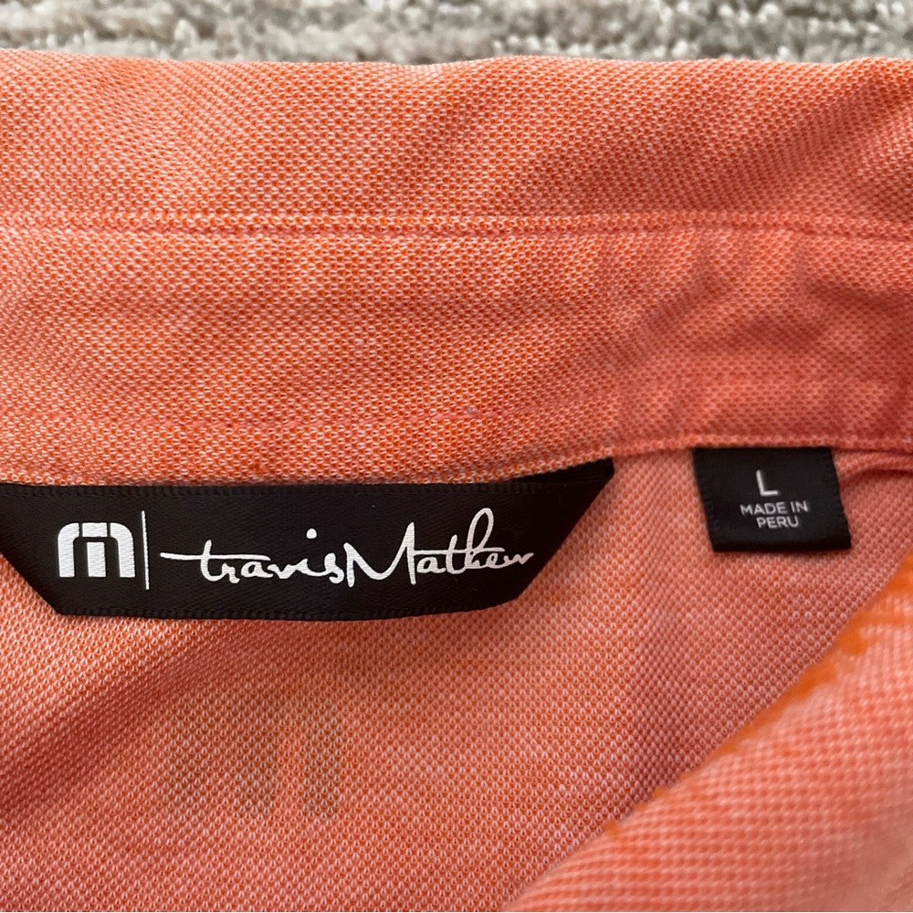 Travis Mathew Shirt Polo Short Sleeve Mens Size L Peach Chest Stripes Front - Picture 3 of 10